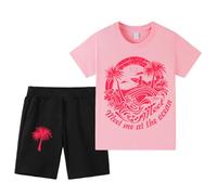 Kids Palm Short Tracksuit Beach Hawaiian Outfit, Boys Girls Meet Me At The Ocean 100% Cotton Short Sleeve and Shorts Set