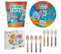 Kids Party Tableware Combo Set of 8 Cups + 8 Plates + 8 Wooden Forks + 8 Wooden Spoons + 20 Paper Napkins Select Theme (Ocean Party Theme)