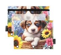 Kids Pencil Pouch 3 Ring Binder Pen Pencil Bag Zipper Binder Transparent School Binders Clear Pockets Cute Puppy Blue Basket Flowers 9.8" x 7.1", 2 Packs