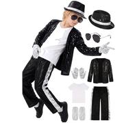 Kids Performance Outfit Sequin Costume for Boys Girls Jacket Pants Gloves Sunglasses Hat Sets Stage Party Halloween Cosplay Dance Wear Show 80s Disco Outfit Pop Star Costume (8-10 Years)