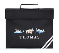 Kids Personalised Aviation Book Bag Planes Helicopter Design for Primary Reception Infants Boys Back to School Gift, One Size, Black