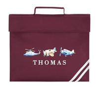 Kids Personalised Aviation Book Bag Planes Helicopter Design for Primary Reception Infants Boys Back to School Gift, One Size, Maroon