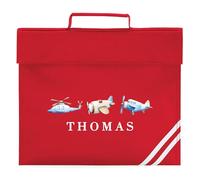 Kids Personalised Aviation Book Bag Planes Helicopter Design for Primary Reception Infants Boys Back to School Gift, One Size, Red