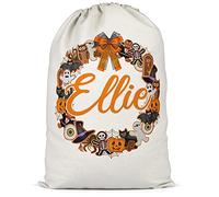 Kids Personalised Halloween Wreath Sweet Sack, Add Your Custom Name Scary Trick Or Treat Gifts for Boys and Kids, Funny Unique Childrens Sweets Bag Gift Idea, M