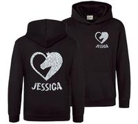 Kids Personalised Horse Heart Hoodie Girls Custom Silver Glitter Equestrian Hooded Sweatshirt, 12-13 Years, Black