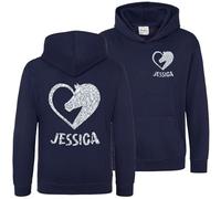 Kids Personalised Horse Heart Hoodie Girls Custom Silver Glitter Equestrian Hooded Sweatshirt, 12-13 Years, Navy