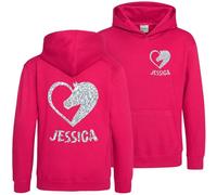 Kids Personalised Horse Heart Hoodie Girls Custom Silver Glitter Equestrian Hooded Sweatshirt, 12-13 Years, Bright Pink