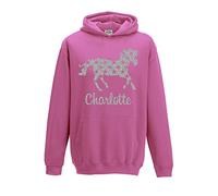 [ Kids ] Personalised Horse Silver Glitter Hoodie Choose Your Name and Colour (9-11, Candy Pink)
