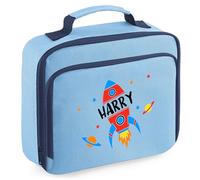 Kids Personalised Rocket Ship Lunch Bag Custom Name Outer Space Lunchbox for Boys and Girls Back to School Nursery Gift, 24cm x 20cm x 8cm, Sky Blue