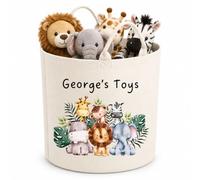 Kids Personalised Toy Basket - Large 50l - Cute Safari Animals - Laundry Hamper for Girls and Boys, Large (White)