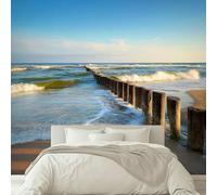 Kids Photo Mural - Wooden Dam Beach Waves Wallpaper- Amazing 3D Effect - Ideal for Boys Girls Bedroom 150 W x 105 H cm