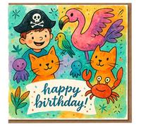 Kids Pirate and Animals Happy Birthday Card - Cute Illustration with Cats, Flamingo, Parrot, Octopus and Crab - Fun Children's Birthday Card