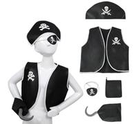 Kids Pirate Costume Set Boys Pirate Captain Dress Up Kit with Hat Vest Hook Eye Patch Bag Fancy Dress for Halloween Birthday Party Role Play Accessories, Age 6 to 10