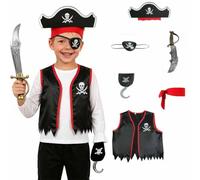 Kids Pirate Costume Set Boys Pirate Captain Dress Up Kit with Hat Vest Sword Hook Eye Patch Earring Fancy Dress for Halloween Birthday Party Role Play (White, 4-9 Years)