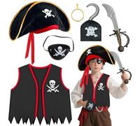 Kids Pirate Costume Set Boys Pirate Captain Dress Up Kit with Hat Vest Sword Hook Eye Patch Earring Fancy Dress for Halloween Birthday Party Role Play