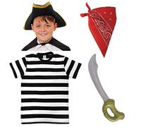 Kids Pirate Costume Set - Hat, Black and White Cotton T-Shirt, Inflatable Cutlass Sword, Red Paisley Bandana - Dress Up Set for Boys & Girls, Size: X-Large