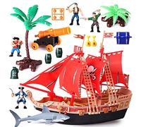Kids Pirate Ship Adventure Toys With Plastic Action Figures Pirate Vessel Playset with Shark, Boat, Cannon,Trees and Other Accessories Educational Toy for Boys Girls 3 4 5 6 7 8 Year Old
