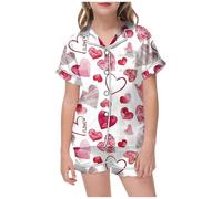 Kids Pjs - Girls Valentine's Day Printed Pajama Set - Short Sleeve Button Front Tee with Matching Shorts Soft Festive Heart Pattern Ideal for Slumber Parties and Cozy Nights