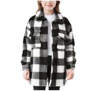 Kids Plaid Flannel Shirt Longline Fleece Checked Shirts, Girls Lapel Button Down Western Shacket Jackets Vintage School Coat Outdoor Fall Winter Black 12 Years