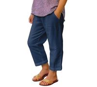 Kids Plain Cropped Trousers Elastic Waist Baggy Joggers Breathable Cotton Linen Sports Track Pants Plain School Casual Sweatpants Vintage Ankle Grazer Beach Outdoor Slacks (Navy, 14-15 Years)