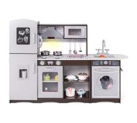 Kids Play Kitchen, 2 in 1 Modular Wooden Pretend Play Kitchen with Light, Sound, Ice Maker, Washing Machine, Chalkboard, Phone, Sink, Stove, Rangehood, Cookware, Chef Role Kitchenh Playset for 3+