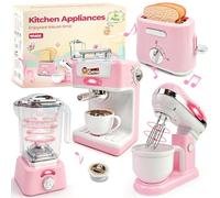 Kids Play Kitchen Accessories Toys Set,Prented Play Kitchen Appliances Playset,Blender,Coffee Maker,Mixer,Toaster with Light & Sound,Kitchen Sets for Kids Age 4-8,Pink Kitchen Toys for Toddler Girls