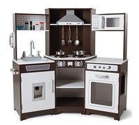 Kids Play Kitchen,Corner Wooden Pretend Toddler Kitchen Toys Playset,Realistic Lights & Sounds,Microwave Oven,Water Dispenser,Phone,Sink,Cooking Accessories,for Toddlers Ages 3+,Brown