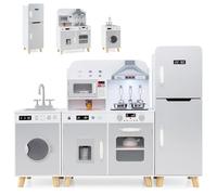 Kids Play Kitchen, Modular Pretend Wooden Kitchen with Range Wood, Ice Maker, Washing Machine, Refrigerator, Lights, Sound, Microwave, Utensils and Sink, Children Role Play Toy Kitchen for 3+ Years Ol