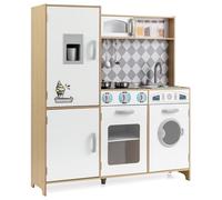 Kids Play Kitchen, Wooden Pretend Kitchen Toy with Ice Maker, Cooking Stove, Washing Machine, Oven, Microwave, Utensil, Real Sounds Lights, Large Chef Role Playset for Boys Girls 3+ (Natural)