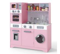 Kids Play Kitchen, Wooden Pretend Kitchen Toy with Lights Sounds, Sink Faucet Oven Washing Machine Microwave Water Dispenser Utensils, Large Chef Role Playset for Boys Girls 3+