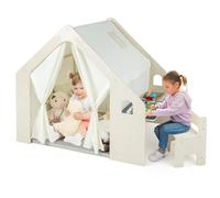 Kids Play Tent, Kids Table and Chair Set with Blackboard Tabletop, Storage Bin, Door Curtain, Wooden Playhouse for Boys Girls 3-6 Years Old (Small)
