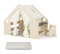 Kids Play Tent, Kids Table and Chair Set with Blackboard Tabletop, Storage Bin, Door Curtain, Wooden Playhouse for Boys Girls 3-6 Years Old (Large)