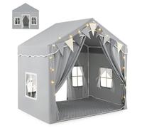 Kids Play Tent, Large Kids Tent Playhouse with 2 Opening Doors, Star Lights, Flags, Breathable Windows, Cotton Mat, Indoor Outdoor Children Playhouse for Boys and Girls Aged 3+ Years Old (Grey)