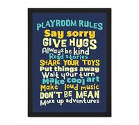 Kids Playroom Rules Fun Blue Large Framed Art Print Poster Wall Decor 18x24 inch