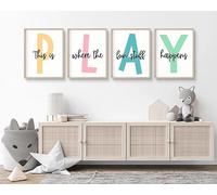 Kids Playroom Wall Art Set - Canvas Wall Decor for Children's Room, Bedroom, Nursery - Play Sign Pictures, Toddler Artwork Prints - Set of 4, 12x16 Inch Unframed