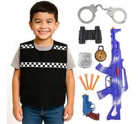 Kids Police Officer Costume Set - Medium - Includes Vest, Badge, Toy Guns, Handcuffs, Binoculars & More - Role Play Dress Up Kit for Boys & Girls