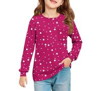 Kids Polka Dot Long Sleeve T Shirt, Crew Neck Casual Top with Chest Pocket, Soft Comfortable Tee for Girls & Boys, Ages 1-14 Hot Pink