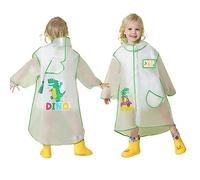 Kids Poncho Rain Waterproof Toddler Raincoat Reusable Transparent Rainsuit Pocket Boys Girls Rain Ponchos Jacket for Children Green Dinosaur 6-7 Years