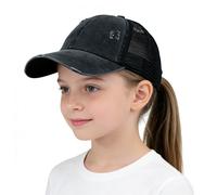 Kids Ponytail Baseball Cap Criss Cross Mesh Sport Cap Adjustable Messy High Bun Pony Hat Outdoor Running Trucker Hat Summer Sun Hats for Girls Children Teens Aged 4-10 Black