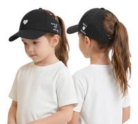 Kids Ponytail Baseball Cap with Heart & Have a Nice Day Embroidery, High Messy Bun Ponycap for Girls Adjustable UV Protection Sun Hat for Students Outdoor Sports Running Skating Hiking Cycling