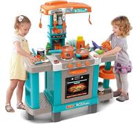Kids Pretend Kitchen Role Play Set with Induction Hob, Sink, Coffee Maker, Toaster, Sounds and Lights Effects, Many Play Food & Pots, Utensils