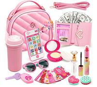 Kids Pretend Play Little Girl Purse Accessories, Princess Toy Cell Phone w/ Light and Sound, Fake Makeup Handbag Wallet Keys Credit Card Water Bottle Birthday Gifts Toys for 3 4 5 6 7 8+ Year Old Girl