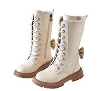 Kids Princess Boots for Girls, Knee High Boot Cute Pearl Bow Boots Lace Up Leather Boot Back Zipper Mid Calf Low Heel Horse Riding Shoes Lug Sole Booties School Shoes for Little Girl