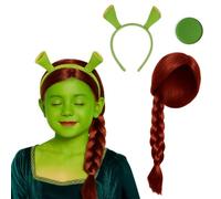 Kids Princess Ogre Girls Accessory Set - Costume Set with Red Plait Wig, Green Facepaint, and Ogre Headband - Perfect for Halloween, Fancy Dress, and Themed Parties