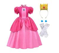 Kids Princess Peach Dresses Costume Girls Super Bros Deluxe Lace Dress Up Outfit with Crown Earrings and Gloves (150, Pink-Set)