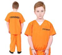 Kids Prisoner Costume - Unisex Orange Convict Fancy Dress Outfit for Boys & Girls - Inmate Jumpsuit Children’s Jail Costume for Halloween & Parties