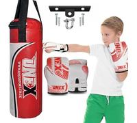 Kids Punch Bag With 2oz Boxing Gloves, 40cm Hanging Junior Set for MMA Muay Thai Karate Kickboxing, Maya Hide Leather Children Girls Boys Punching Bag (Red)