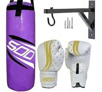 Kids Punching Bag Set, Unfilled Junior Kick Boxing Bag Kit with Gloves Pads & Hanging 12’’ Wall Bracket, Heavy Duty Wall Mounted Punch Bag for Youth MMA, Martial Art Thai Training (Purple)