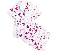 Kids Pyjamas Girls - Adorable Little Girls Loving Heart Pattern Printed Button Down Pajama Top and Shorts Matching Set Soft Breathable Sleepwear Summer Nighttime Loungewear Pyjamas Comfy Kids