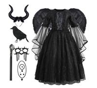 Kids Queen Costume | Halloween Black Cosplay Dress | Wings Headpiece Crow Wristband Necklace Set Ages 2-10 for Themed Party Cosplay Prom Wedding Graduation Birthday